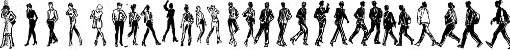 Poster drawing and stenciling template for modern illustration in eps10. set of pedestrian figures in diffe
