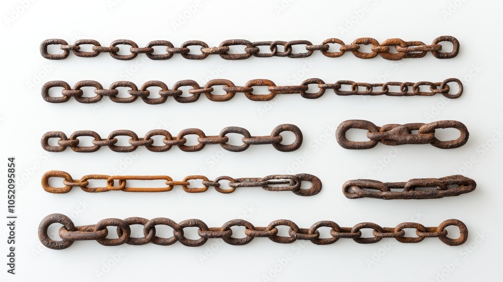 Aufkleber a collection of rusty chain links on a clean white background, highlighting their intricate textures