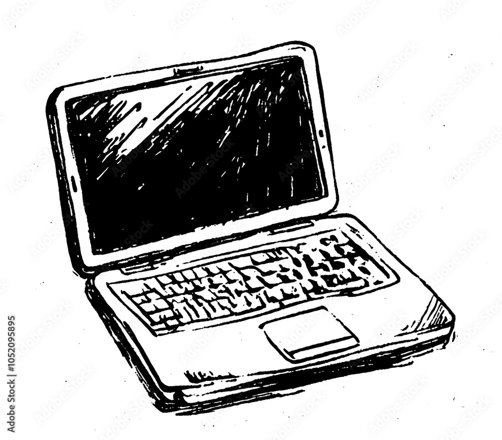 Poster sketch of a laptop computer with a notebook on a white background. the laptop is opened and the scre