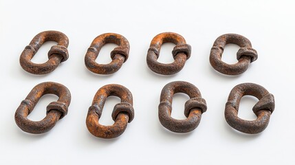 A collection of rusty chain links on a clean white background, highlighting their intricate textures and the beauty of aged metalwork.