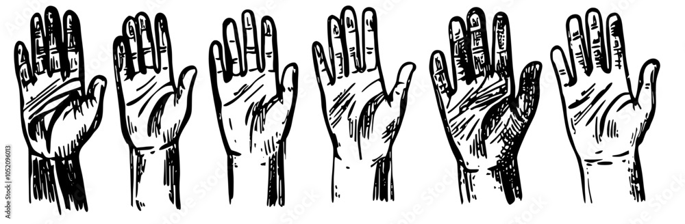 Poster a set of hand-drawn gestures expressing various signs with fingers and palms on a transparent backgr
