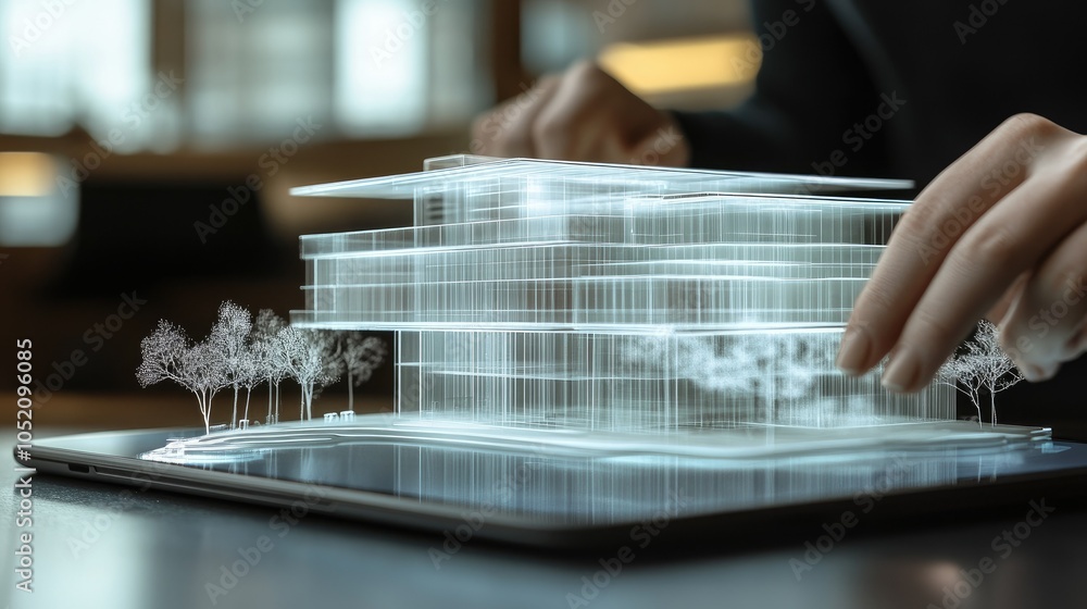 Poster a detailed holographic building model emerges from a tablet, illustrating cutting-edge architecture 