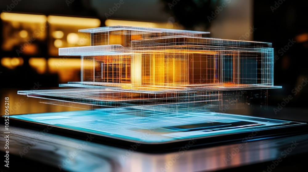 Poster a futuristic holographic architectural model displayed above a digital tablet, highlighting the inte