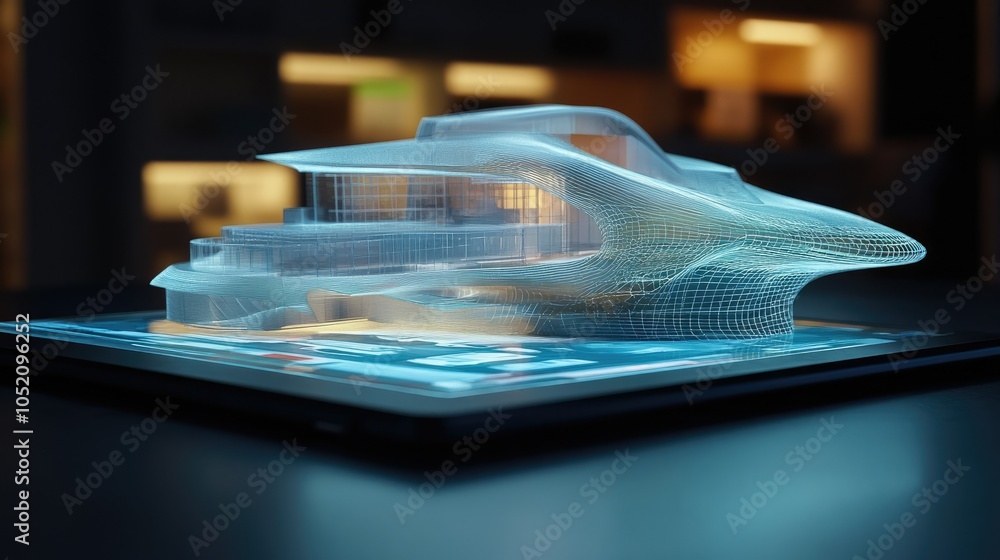 Poster a futuristic holographic architectural model displayed above a digital tablet, highlighting the inte