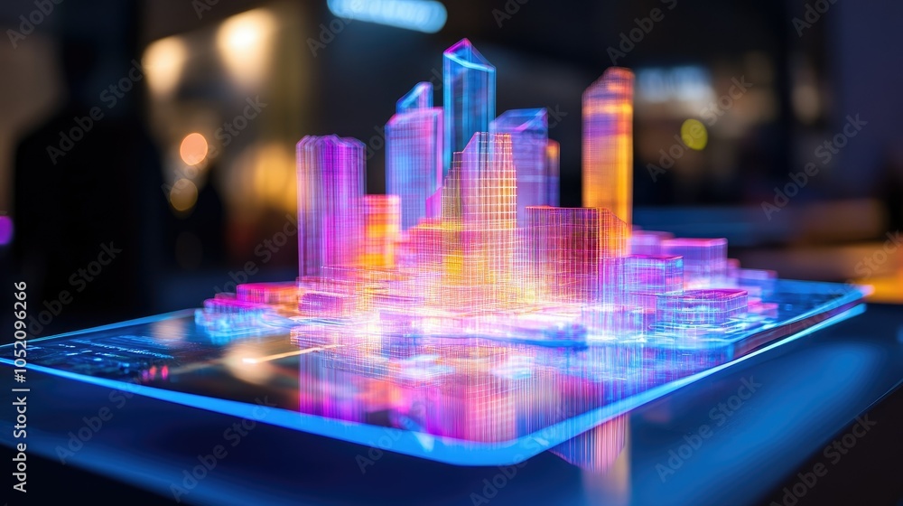 Poster A futuristic holographic architectural model displayed above a digital tablet, highlighting the intersection of technology and modern design.