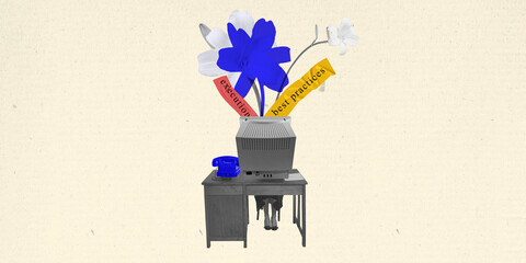 Flowers with labels execution and best practices emerging from vintage computer, representing...