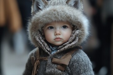 Toddler wearing wolf-inspired outfit walking on catwalk