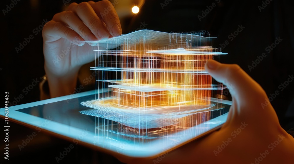 Poster a holographic architectural model emerges from a digital tablet, showcasing innovative structures an