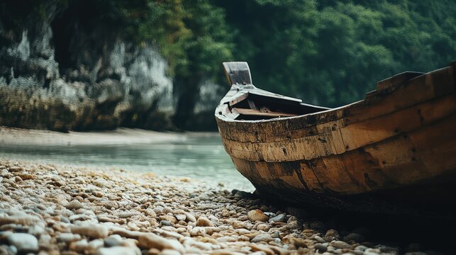 Wooden Boat on Peeble Beach Near Green Forest