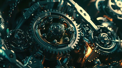 Intricate Mechanical Gear Assembly with Interlocking Components on High-Contrast Monochrome Background - Detailed Metal Structure Highlighted