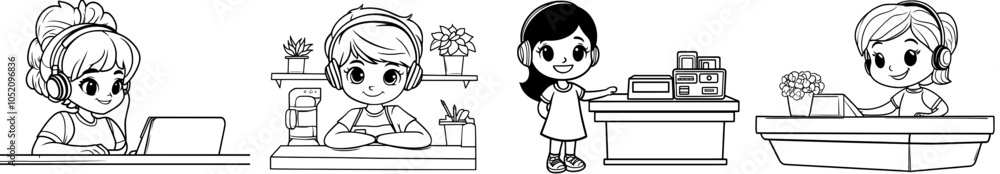 Aufkleber in this illustration the call center operator is seated using a computer and wearing a headset as sh