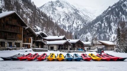 Naklejka premium Colorful kayaks lined up in snowy mountain setting