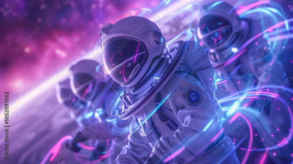 Poster group of astronauts wearing spacesuits exploring a new planet with futuristic neon lights technology