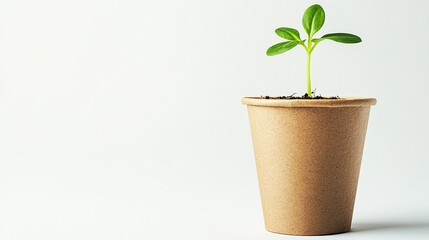 Brown paper cup and sprout on a white background