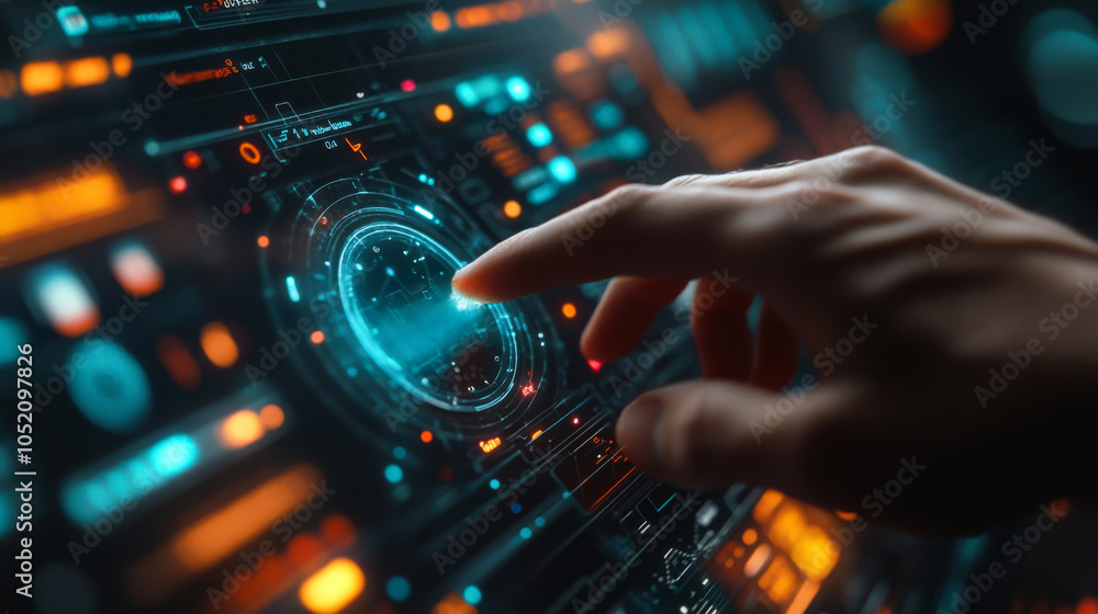 Poster exploring a futuristic touchscreen interface with glowing elements and a hand navigating intricate d