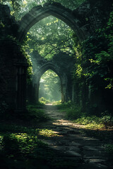 Fototapeta premium Ancient ruins surrounded by lush greenery create mystical atmosphere, inviting exploration and reflection. Sunlight filters through arches, enhancing serene beauty of this forgotten place