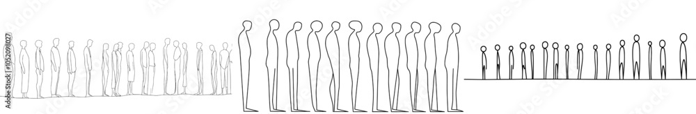 Poster continual one line drawing of crowds of people standing in lines. simple linear design with a modern