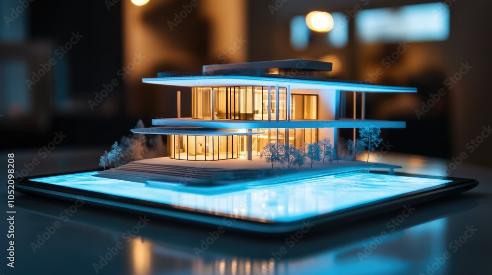 Poster a sleek tablet projects a detailed holographic model of a building, illustrating the future of archi