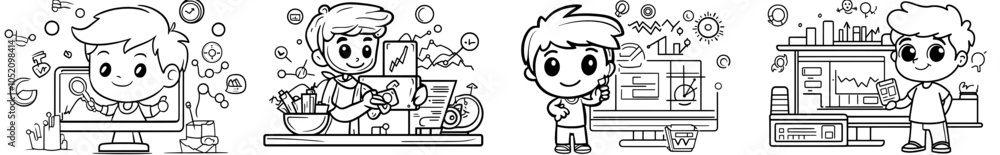 Poster analyst analyzing statistics and graphs for business review. flat modern illustration on white backg