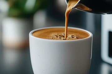 This image showcases coffee being poured into a white ceramic cup, highlighting the rich, frothy surface and steam rising, creating a warm, inviting atmosphere.