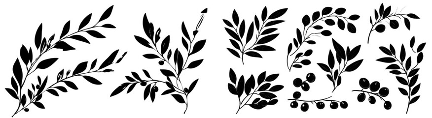 The Sprigs with Laurel Leaves Different Shapes Tattoo Design Collection Classic Botanical Art Traditional Nature Inspired Outlines features vintage retro engraving and wood-cut style motifs