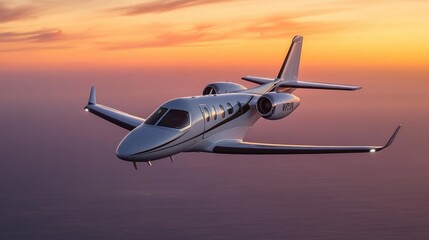 Obraz premium Sleek Private Jet Flying at Sunset Over the Ocean