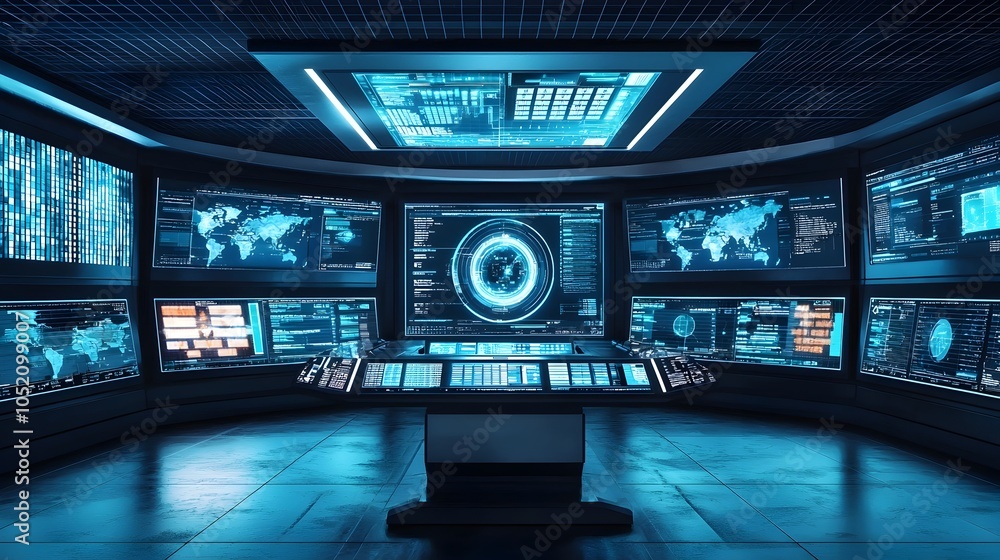 Poster futuristic virtual command center with live data display for project and team management