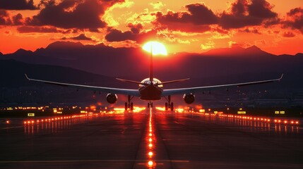 Fototapeta premium Airplane Landing at Sunset with Dramatic Sky