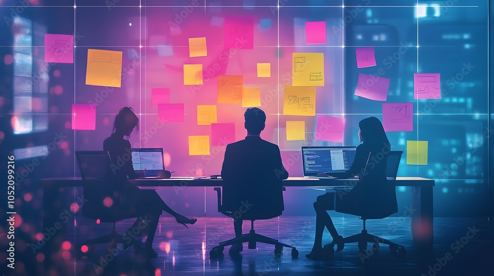 Poster futuristic virtual brainstorming session with floating sticky notes and dynamic team avatars in a co