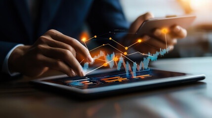 Analyzing stock market trends on a digital tablet in a modern office setting during the late afternoon hours