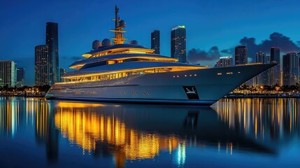 Fototapeta premium Luxury Yacht Docked at Sunset in Urban Harbor