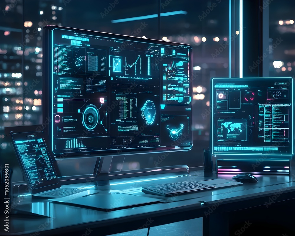 Poster futuristic virtual workspace with assistants organizing tasks and schedules in sleek digital environ