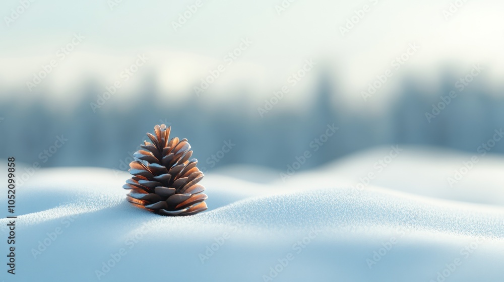 Aufkleber a close-up view of a pine cone resting on soft pure snow with a serene winter landscape in the backg
