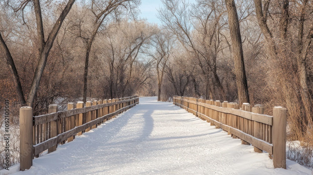 Poster a tranquil snowy pathway bordered by bare trees offering a serene winter escape and inviting explora
