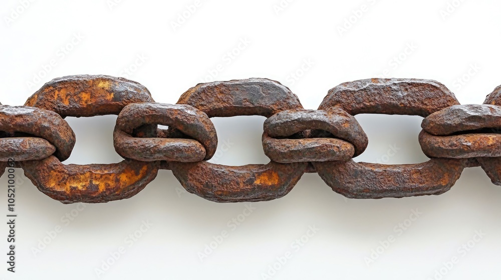 Poster Close-up of aged rusty chain links on a bright white background, capturing the intricate details and textures that tell a story of time.