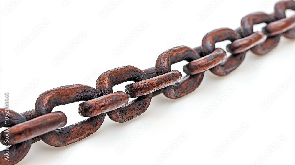 Poster Close-up of aged rusty chain links on a bright white background, capturing the intricate details and textures that tell a story of time.