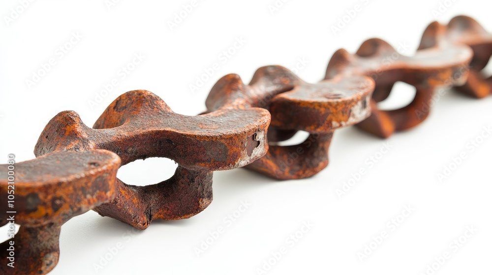 Poster Close-up of aged rusty chain links on a bright white background, capturing the intricate details and textures that tell a story of time.