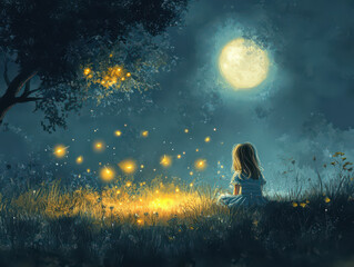 A young girl sits under a glowing full moon, surrounded by ethereal fireflies in a magical forest setting.