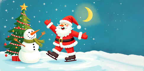 Naklejka premium cartoon postcard Santa Claus skating with a snowman near the Christmas tree
