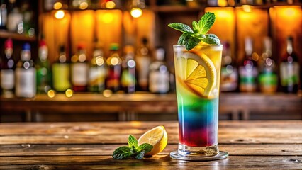A colorful handcrafted cocktail with a swirled pattern of colors, garnished with a sprig of fresh mint and a slice of lemon on the edgewooden bar counter, drinks, craft drinks, bars, counters, fruits
