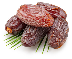 Semi-dried dates or date palm fruits lie on palm leaves isolated on white background. File contains...