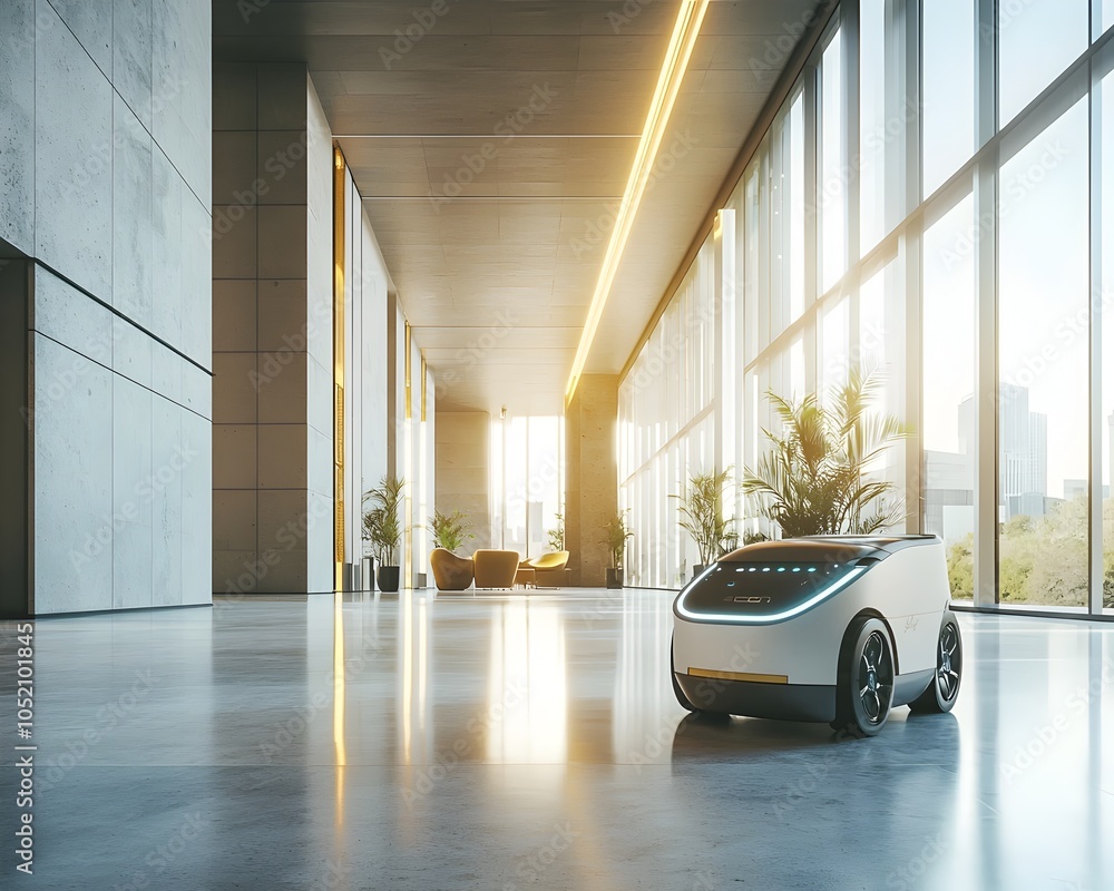 Poster autonomous delivery robot navigating through a futuristic office building