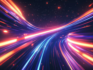 Obraz premium Abstract depiction of colorful light trails in space creating a futuristic, dynamic scene.