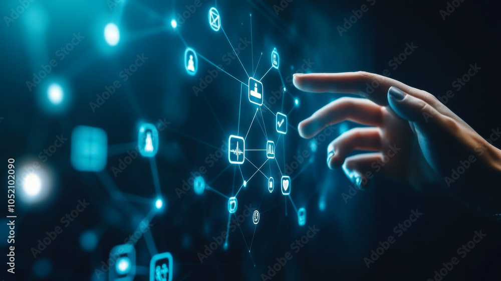 Poster a person interacting with a digital health interface featuring various health metrics and data visua