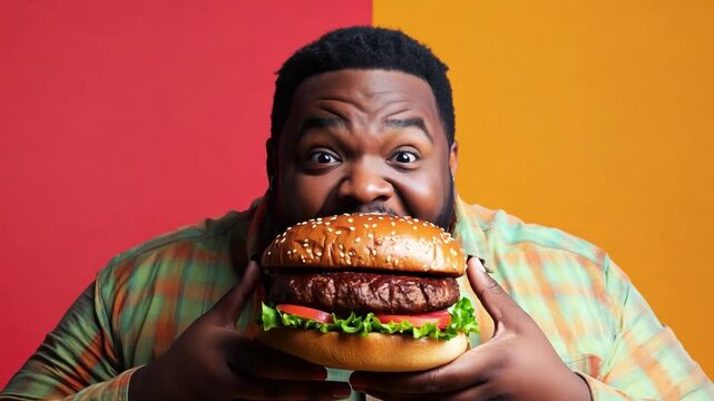A black plus size man excitedly eats a large burger in front of a colorful background, showcasing his enthusiasm for tasty junk food