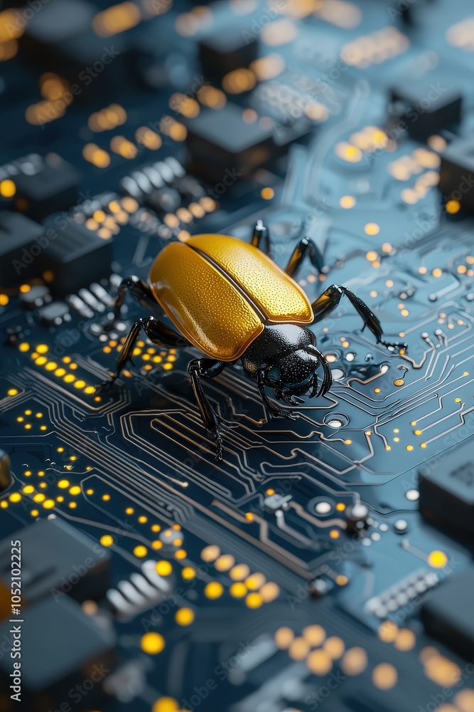 Poster golden beetle robot crawling on a circuit board, isolated for integration of nature and tech