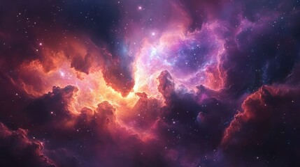 A vibrant galaxy formation scene, with clouds of gas and dust swirling dynamically, slowly taking shape amidst the stars