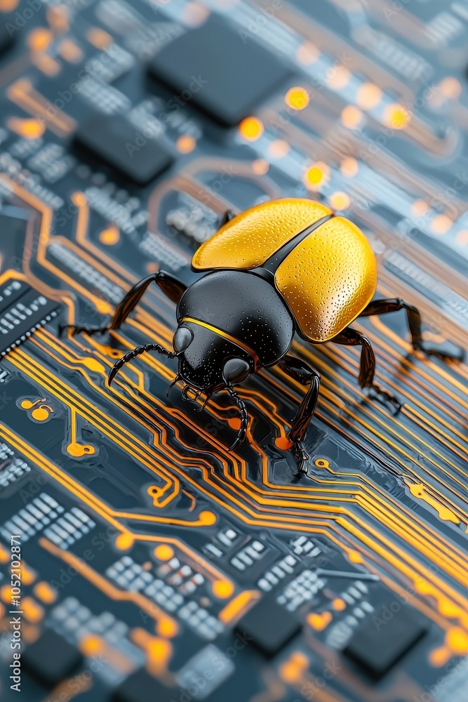 Poster golden beetle robot crawling on a circuit board, isolated for integration of nature and tech