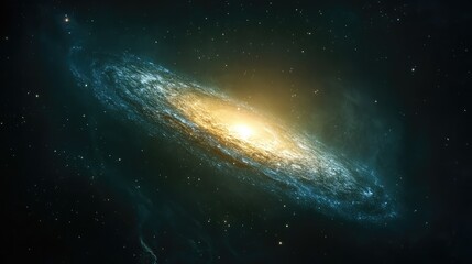 Fototapeta premium A distant galaxy at the edge of the known universe, glowing softly in the dark expanse, with distant stardust creating a dreamy cosmic scene