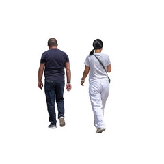 Fototapeta premium Homme et femme vus de dos marchant en été, tenues décontractées t-shirt et pantalon, attitude détendue, lumière naturelle en extérieur urbain